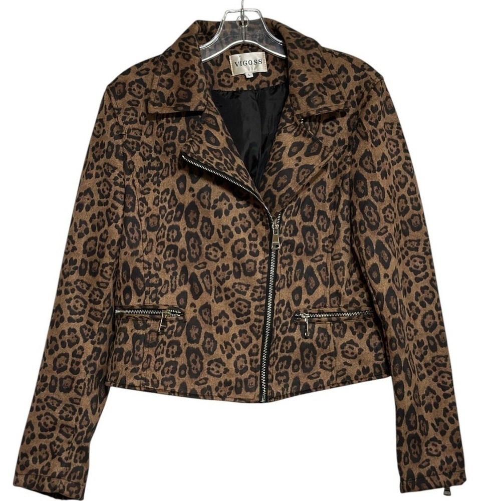Vigoss Moto Jacket Women Brown Leopard Print Faux Suede Asymmetric Zip Fall L